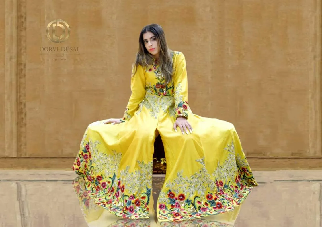 Yellow Silk  Reshamwork Jacket Length Set with Churidaar and Dupatta