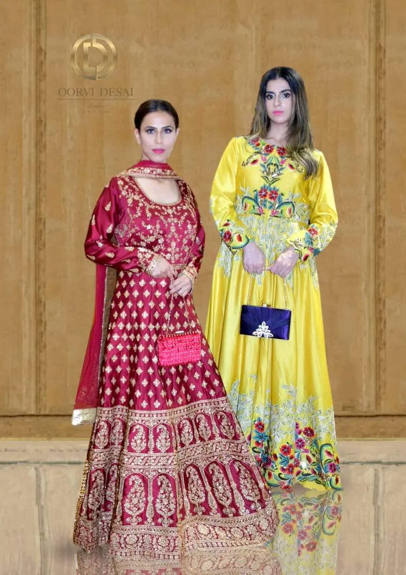 Yellow Silk  Reshamwork Jacket Length Set with Churidaar and Dupatta