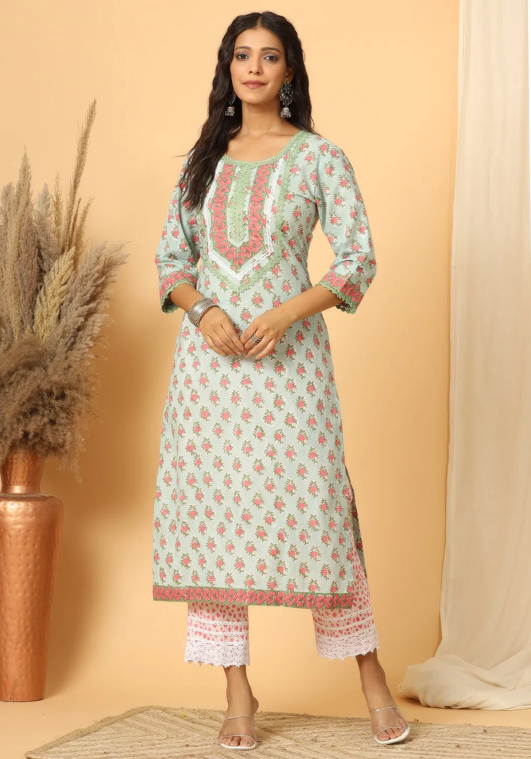 Zeenat - Hand Block Print Cotton Suit Set With Pure Mulmul Cotton Dupatta