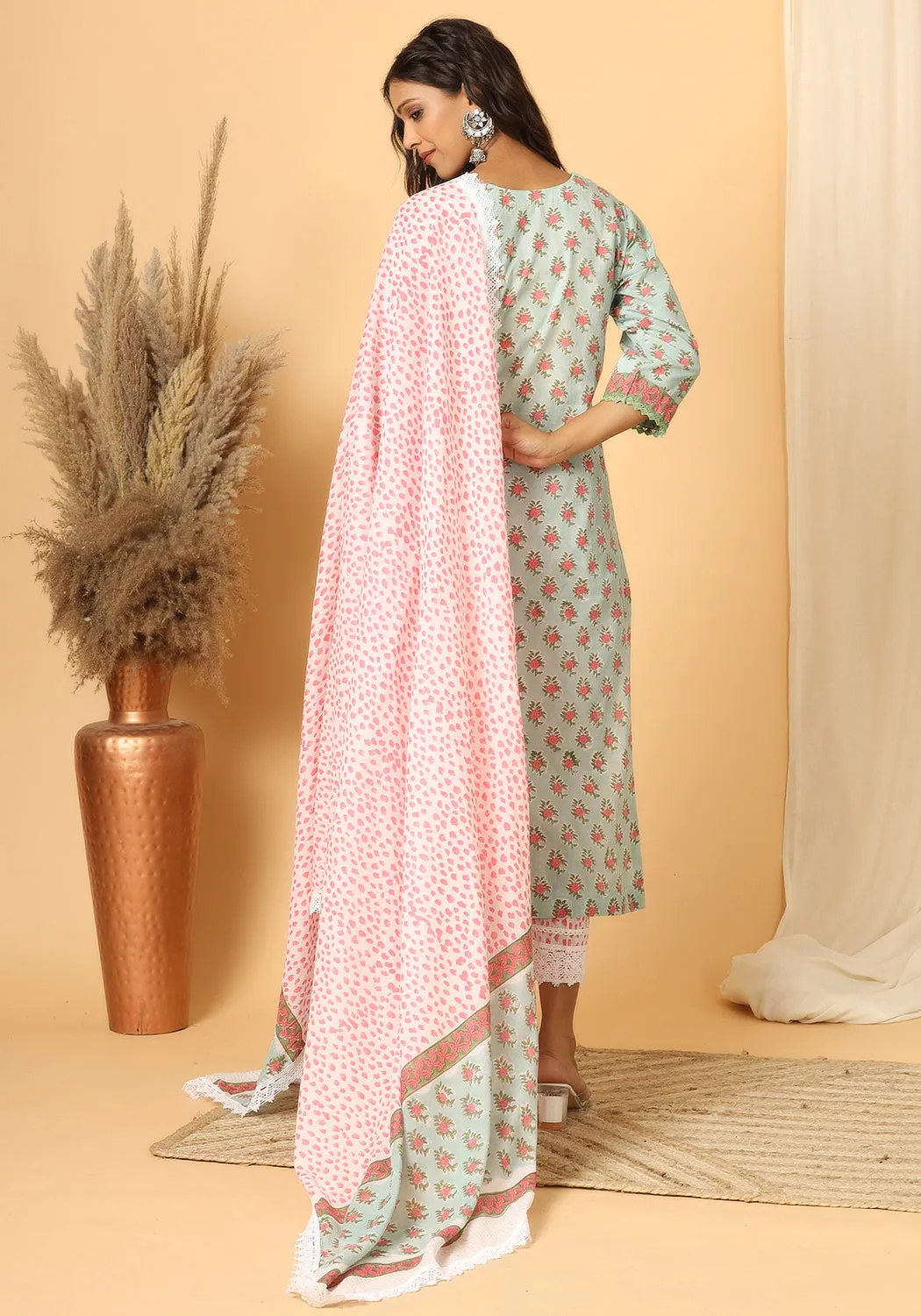 Zeenat - Hand Block Print Cotton Suit Set With Pure Mulmul Cotton Dupatta